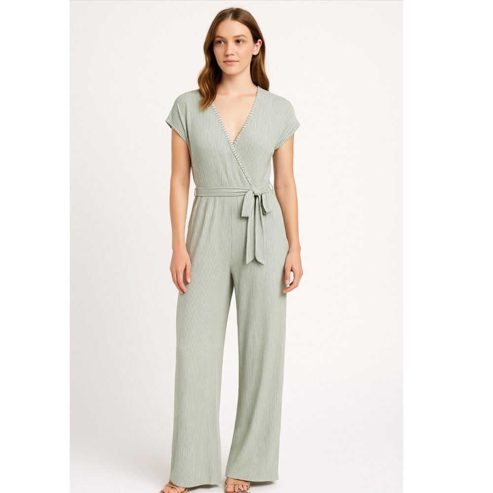 Caution To The Wind Striped V-Neck Wrap Front Knit Sage Green Jumpsuit